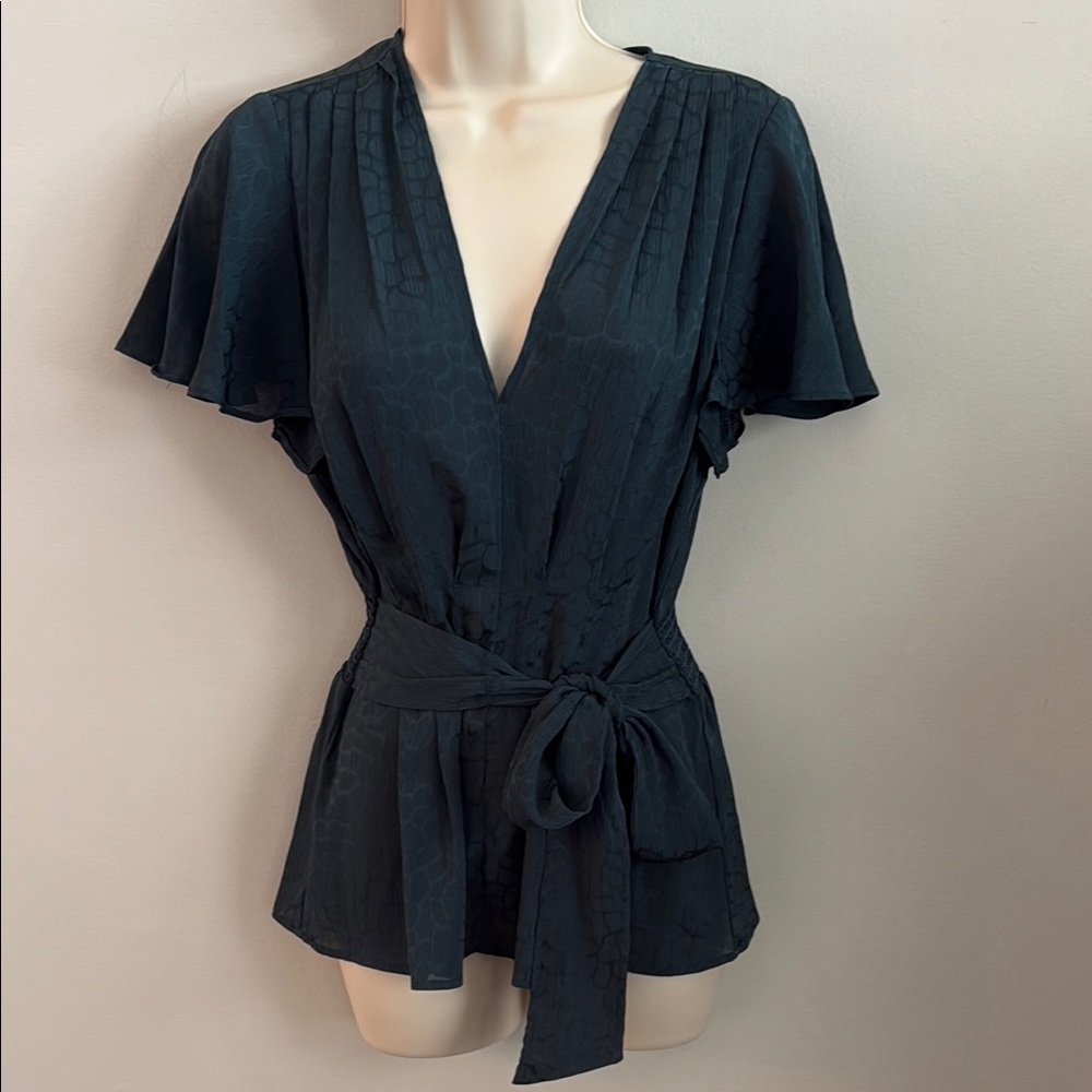 Max Studio Dark Teal Green V-Neck Tie-Waist Flutter Sleeve Blouse Small